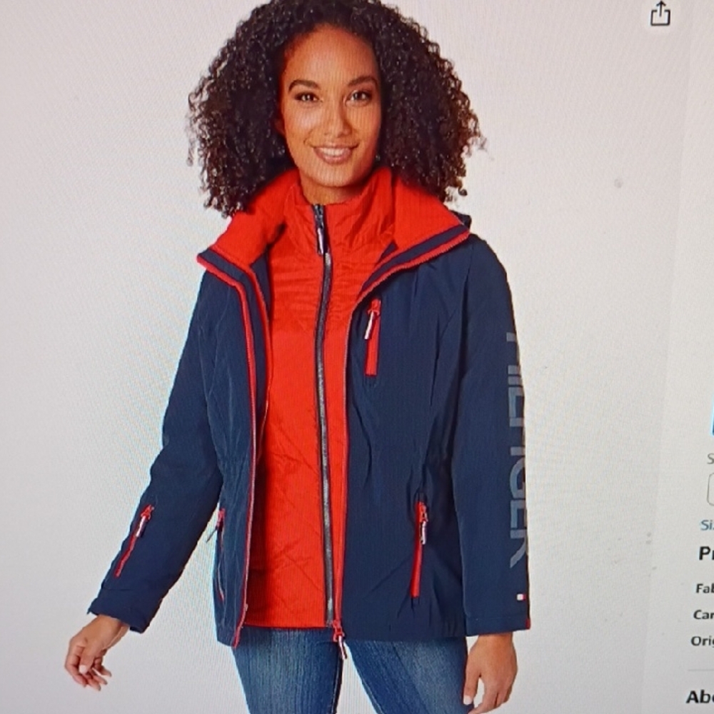 Tommy Hilfiger Women's Bold Red and Navy 3 In 1 Jacket